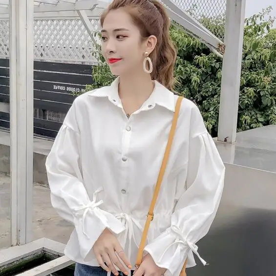 2019 Вельветовые женские рубашки с расклешенными рукавами однотонные топы