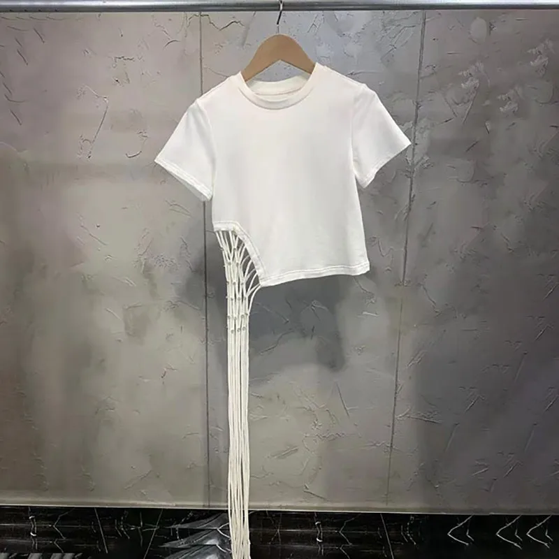 White TWOTWINSTYLE, женская футболка с кисточками, бриллиантами, круглым вырезом, коротким рукавом, женские топы, повседневные,, летняя мода - Цвет: White