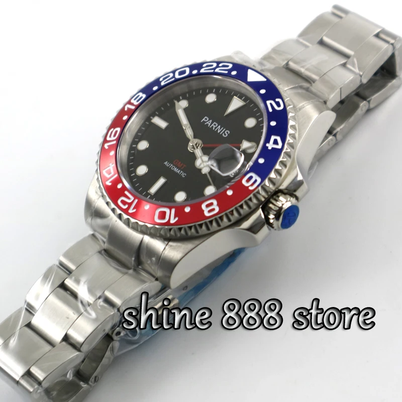 Парниш 40 мм черный циферблат красный и синий ободок GMT сапфировое стекло