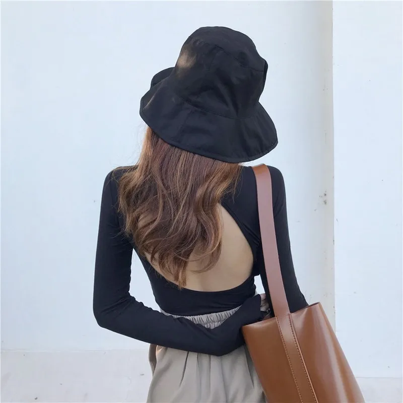 Женская блузка черная с открытой спиной сексуальная длинным рукавом летняя