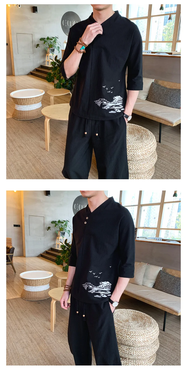 Sinicism Store Harajuku, мужской спортивный костюм с вышивкой,, мужские летние льняные комплекты для бега, Мужская Уличная одежда, китайские комплекты из 2 предметов