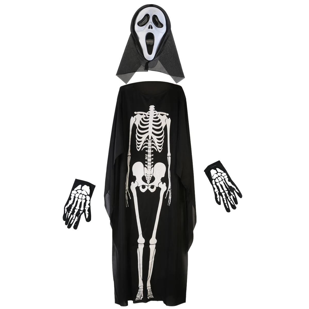 FENICAL Halloween Skull Skeleton Ghost Clothes& Screaming Ghost Mask Masquerade Costume Cosplay Props Set for Adults Black A20
