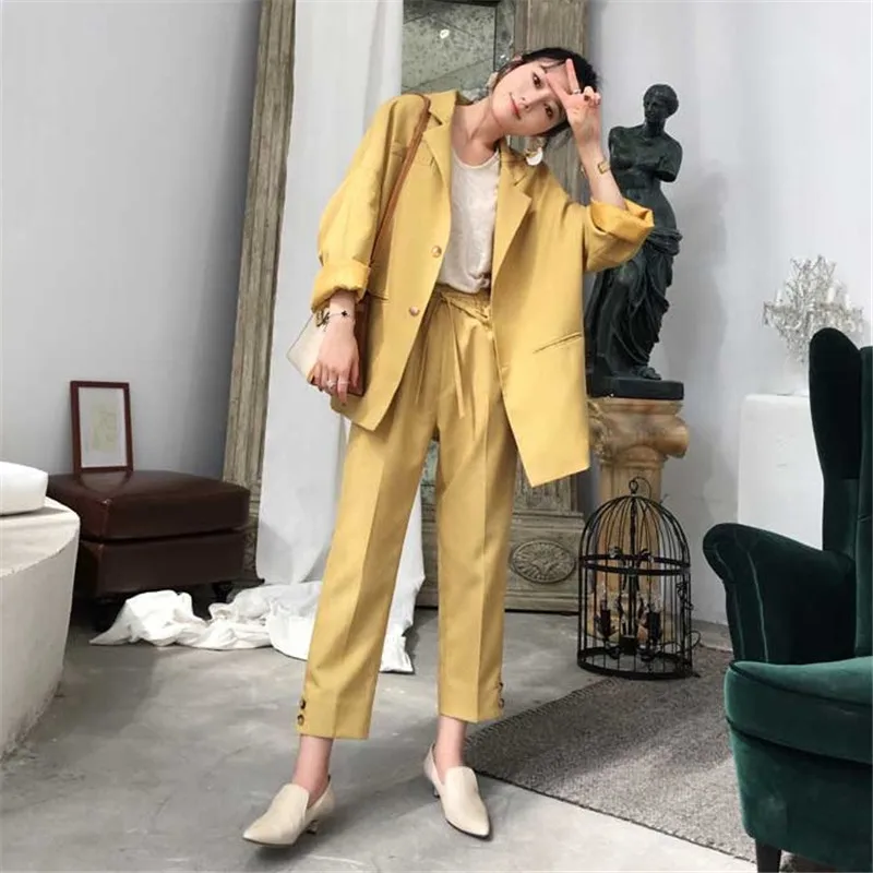 yellow CBAFU, Женский комплект, весна-осень, Повседневный, свободный, размера плюс, брючный костюм, женский, офисный, для леди, OL, комплект из 2 предметов, однотонный, пиджак, костюм, D381 - Цвет: yellow
