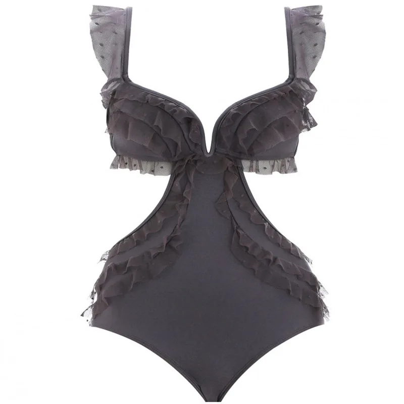 European and American lace hollowed up wave point wooden ear back side triangle conjoined lady swimsuit | Спорт и развлечения
