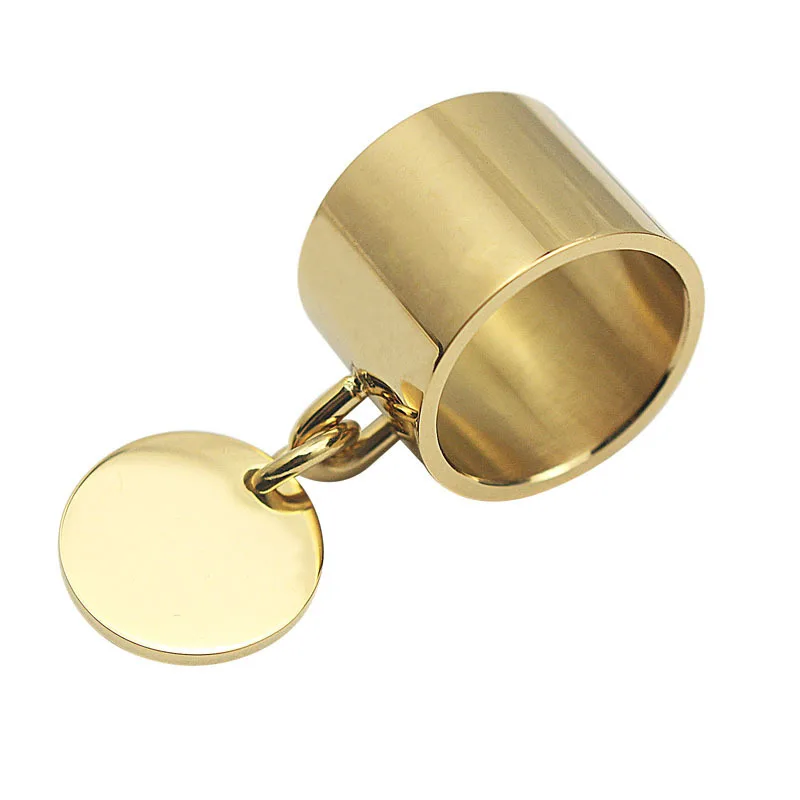 Engraving big wide Gold Color Plain Band Midi customizing brand finger rings with round metal charm tag customized bague|finger ring|wide ringring