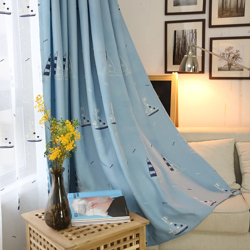 Белые/синие шторы с вышивкой парусной лодки для гостиной Занавески Из