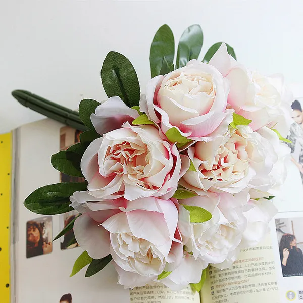 pink white Искусственные розы, настоящие на ощупь, искусственные цветы из шелка, букет невесты для свадебной вечеринки и домашнего декора, 1 букет, 10 цветов - Цвет: pink white