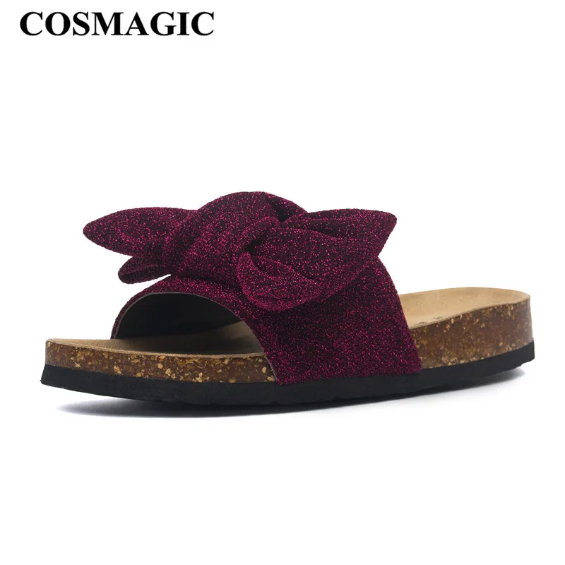 COSMAGIC/ г. Новые летние женские пробковые тапочки с бантом обычные пляжные сандалии однотонные Вьетнамки с открытым носком шлепанцы на плоской подошве
