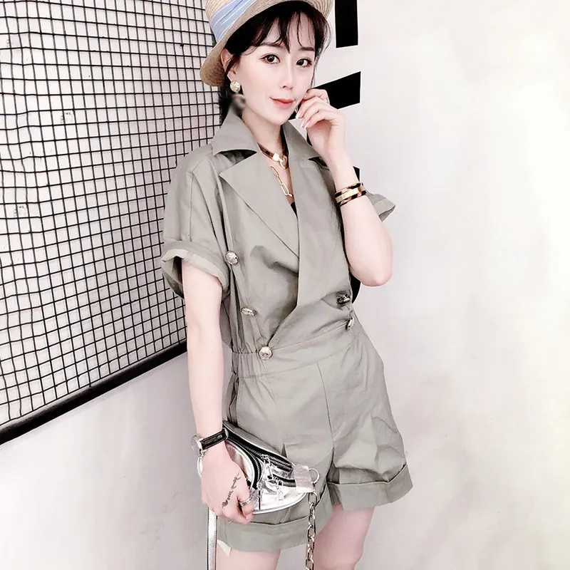 TWOTWINSTYLE Повседневный Однотонный женский комбинезон с отворотом и коротким рукавом с высокой талией большого размера, женский модный костюм, новинка весны - Цвет: ArmyGreen