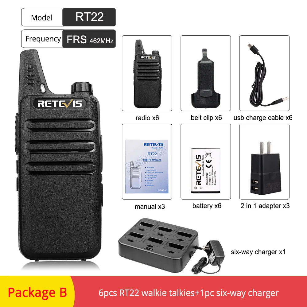 FRS RT22-Package B 6 шт. Retevis RT22 двухсторонняя рация+ шестиходовое зарядное устройство 2 Вт VOX портативные рации для отеля/ресторана/супермаркета - Цвет: FRS RT22-Package B
