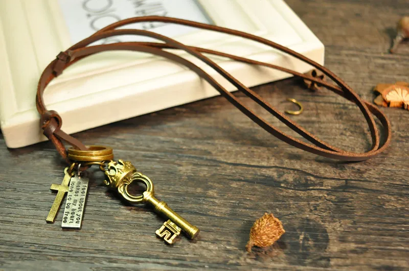 Men Women Leather Necklaces &amp Cross Key Pendants Fashion Vintage Statement Chokers Brown Real Cord Movable 50-70cm | Украшения и