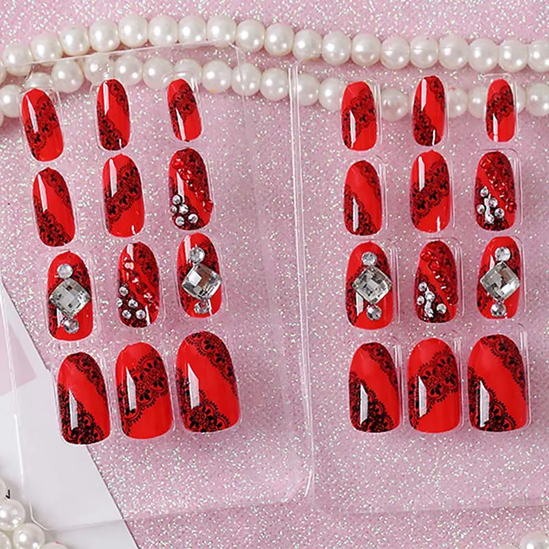 Women DIY Long Size Wedding False Nail Red Color Sexy Art Tips with Glue Shining Rhinestone Indian Fashion Fake Nails | Красота и