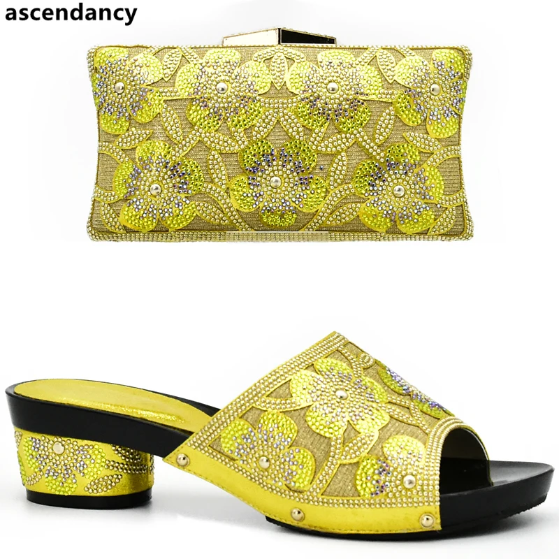

New Arrival Yellow Color Women Shoes and Bag Set In Italy African Women Italian Shoes and Bags Sets Decorated with Rhinestone