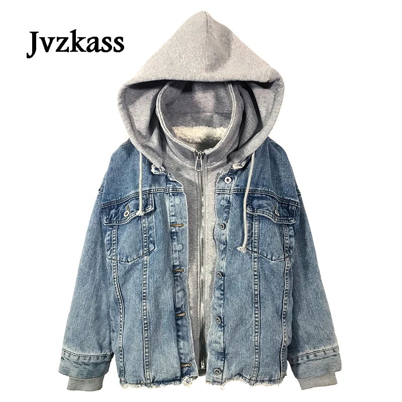 

Женская джинсовая куртка Jvzkass, свободный студенческий свитер с капюшоном из овечьей шерсти, модель Z220 на осень, 2018