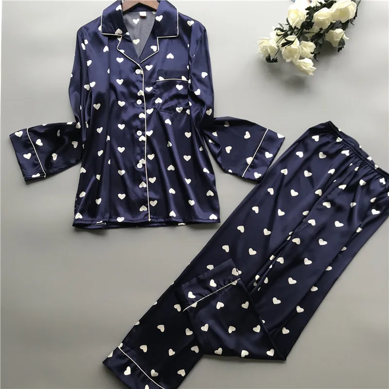 JRMISSLI Silk Pajamas Female High Quality Sleepwear Women Pure SILK Love Heart Print Long-Sleeved Pyjama Pants Two-Piece Sets