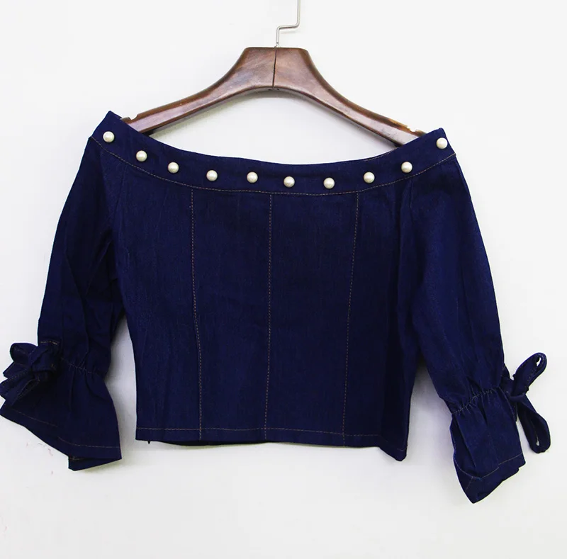 Женский джинсовый комплект ALPHALMODA с бисером блузка + широкие штаны до середины