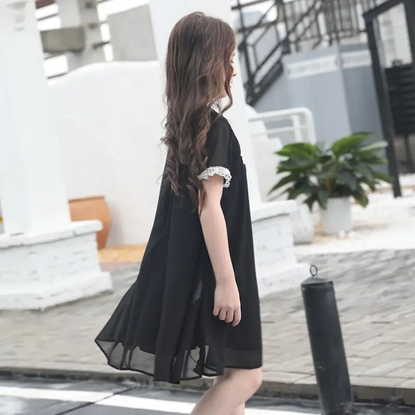 Free shipping girls embroidery dress teenage short sleeve black loose children holiday kids clothes 6-16Y ws604 | Детская одежда и