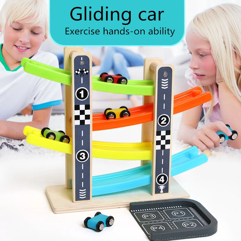 Interesting gliding racing car parking lot of four-storey track wooden digital cognitive intelligence visual tracking toys | Игрушки и