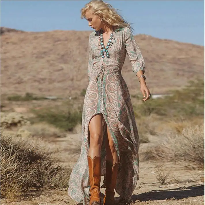 

Women's Clothing 2022 New Summer Fashion V-Neck Vintage Print Chiffon Dress Three-quarter Sleeve Dresses Female