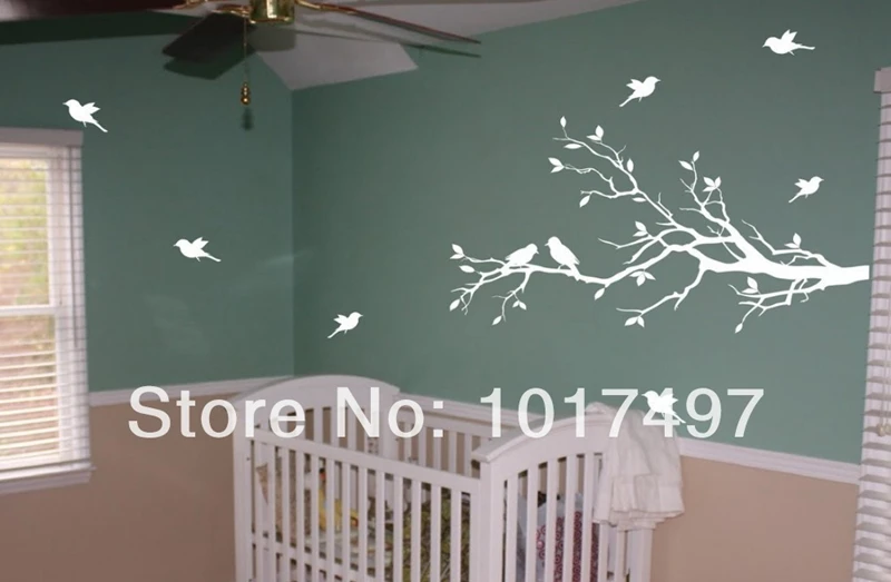 Виниловая наклейка на стену в виде ветки дерева с птицами 147x71 см|tree branch|wall