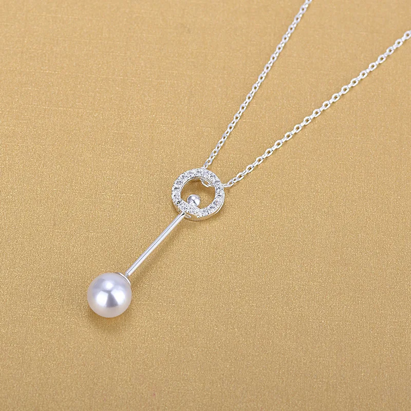 

Long Bar Crystal Circle Necklaces 925 Sterling Silver Simulated Pearl Pendant Necklaces For Women