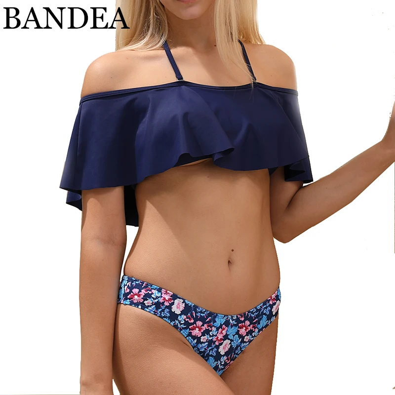 

BANDEA 2019 Ruffle Vintage Bikinis Swimwear Women Swimsuit Print bottom Bandeau Bandage Bikini Set Bathing Suit