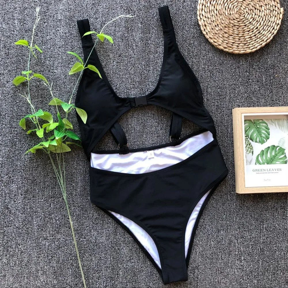 Сексуальный черный цельный купальник с вырезами пряжкой спереди женский бандаж