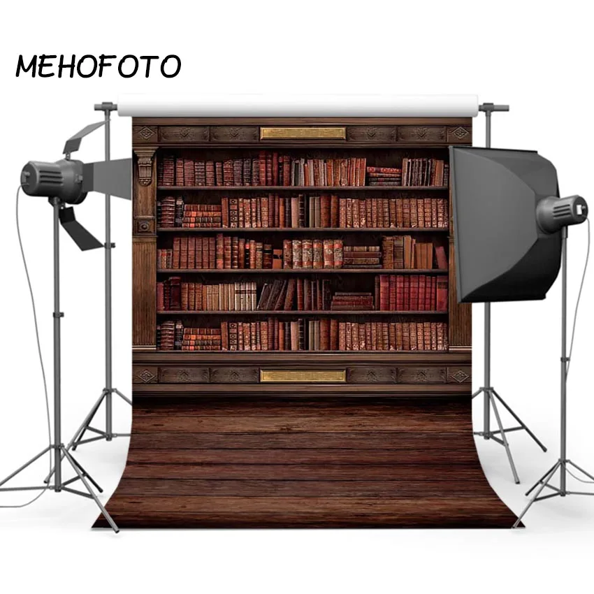 Фон для студийной фотосъемки с изображением винтажных книг деревянной книжной