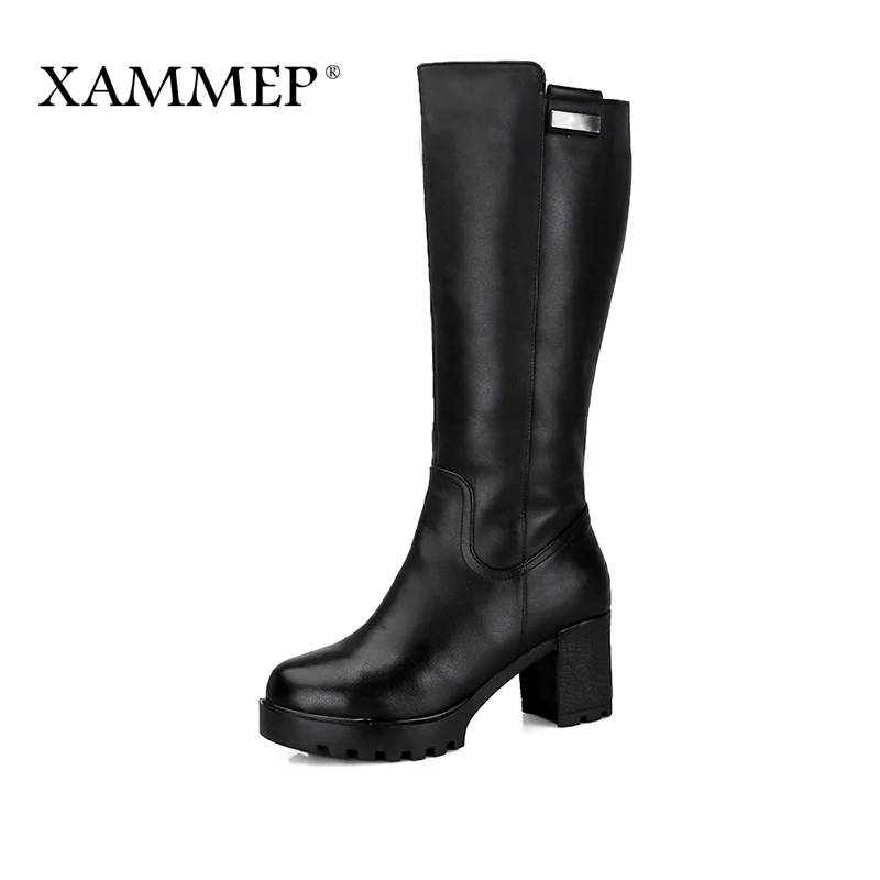 Black Xammep/Брендовая женская зимняя обувь; высококачественные сапоги до колена из натуральной шерсти; теплые женские зимние сапоги из натуральной кожи - Цвет: Black