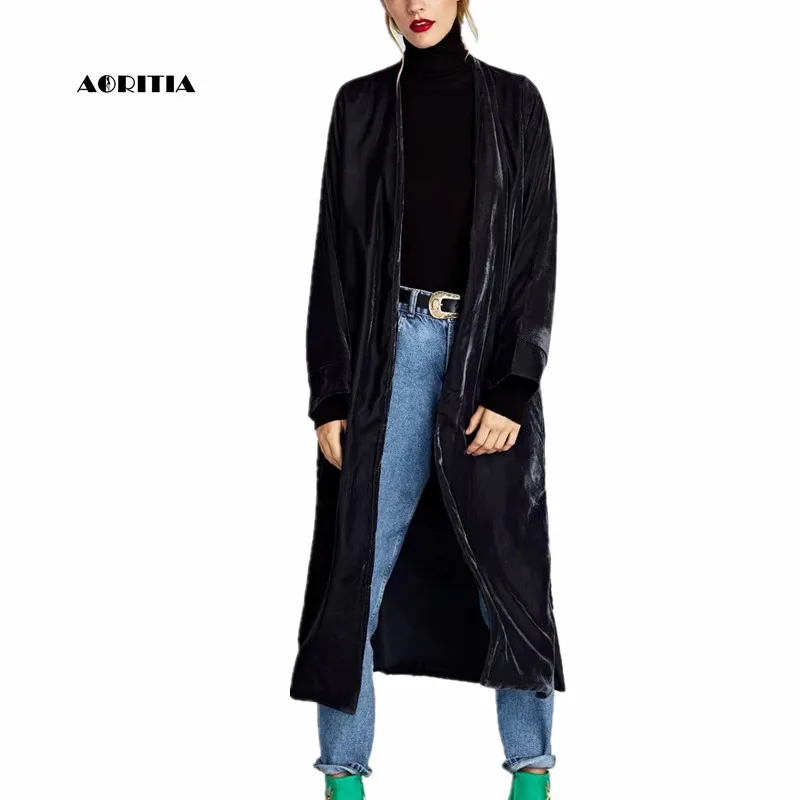 Женский велюровый Тренч длинное пальто с разрезом Осень зима 2019|women trench coat|split