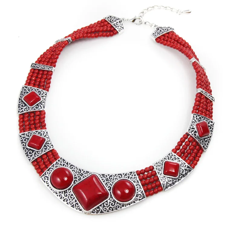 Этнические бусины ручной работы ожерелье из зеленого камня серебряный цвет с