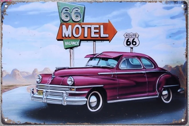 

1 pc classic vacation Antique car impala Route 66 Motel Tin Plate Sign wall plaques cave Decoration Dropshipping metal Poster
