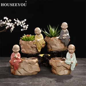 Керамический маленький монах, суккуленты, горшок для цветов, цветочный горшок, буддийский Будда, храмы, настольные украшения для дома и офиса, ремесла