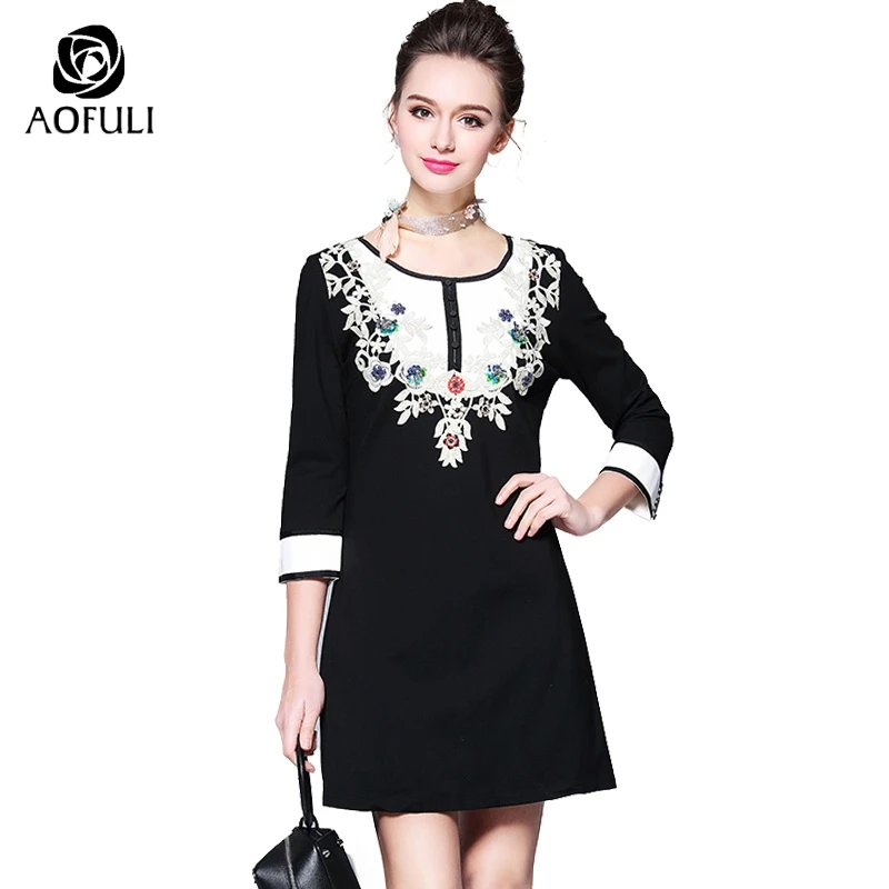 M~ 4XL Women Embroidery Dress With 3D Flowers Applique 3/4 Sleeves Short Retro Slim Casual Plus Size AOFULI B2751 | Женская одежда