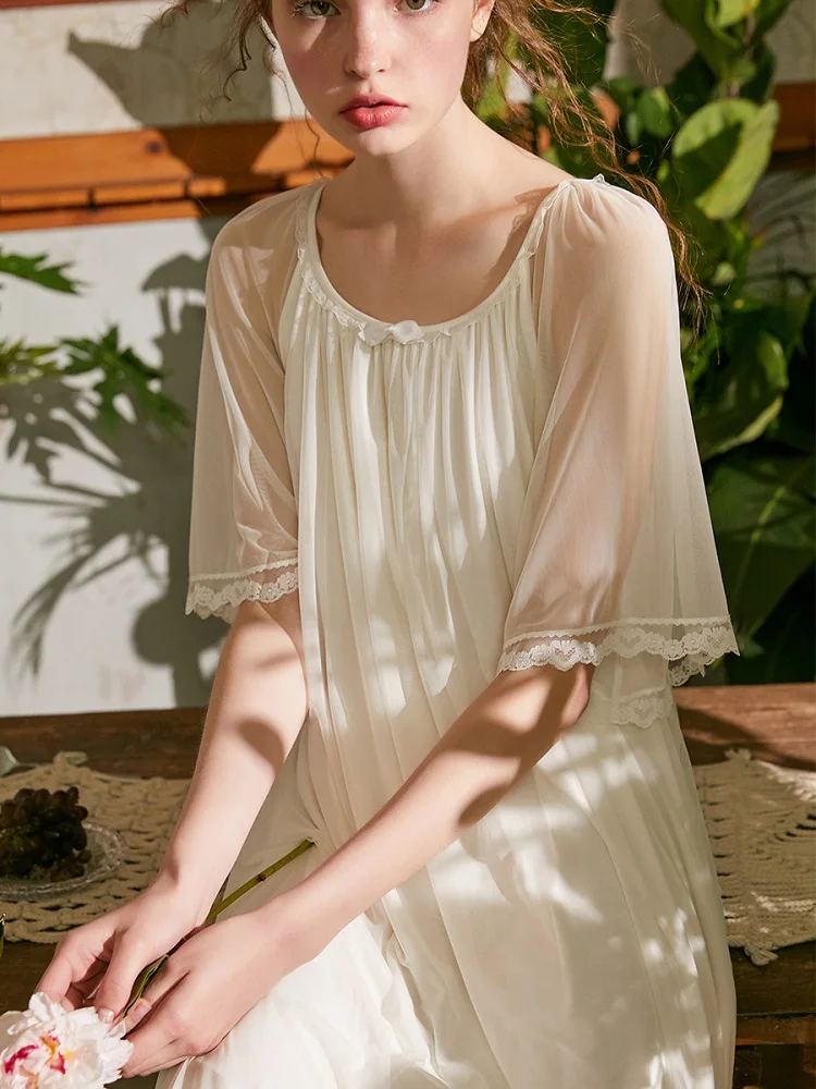 

Female Princess Loose Sleepwear Plus Size Summer White Modal Gauze Women's Vintage Long Nightgowns Short Sleeve Royal