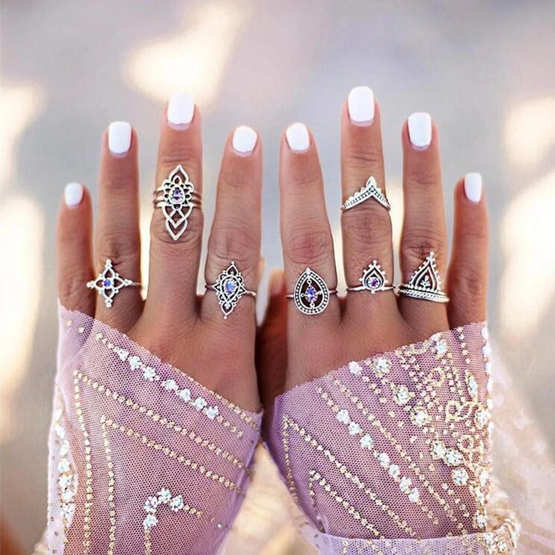 DANZE Fashion Hollow Flower Midi Ring Sets 2018 Vintage Crystal Opal Knuckle Rings for Women Anillos Mujer Jewellery 7 Pcs/lot | Украшения