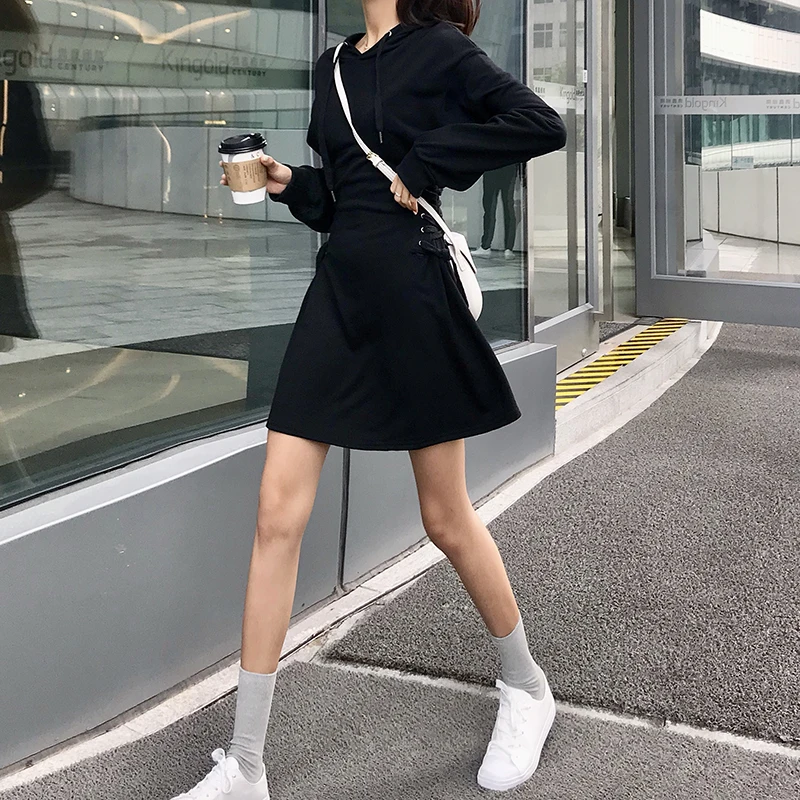 PERHAPS U black gray solid long sleeve hooded A-line dress lacing bow mini short high street women D0959 | Женская одежда