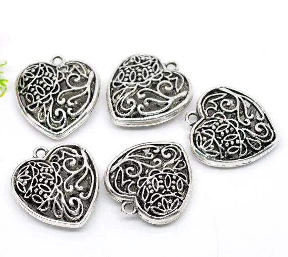 Очаровательные Подвески DoreenBeads из цинкового сплава в форме сердца серебряного