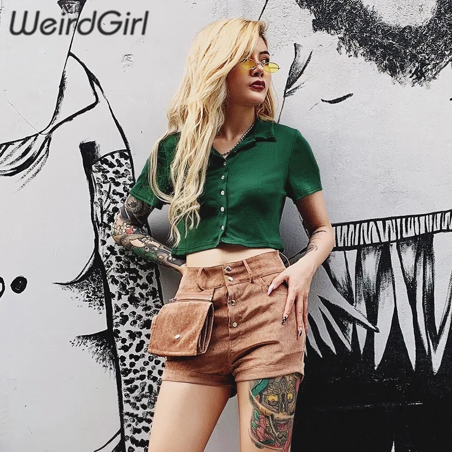 Weirdgirl/женские модные темно-зеленые футболки с отложным воротником, с коротким рукавом, на пуговицах, тонкие женские футболки, укороченный топ, женская уличная одежда, лето