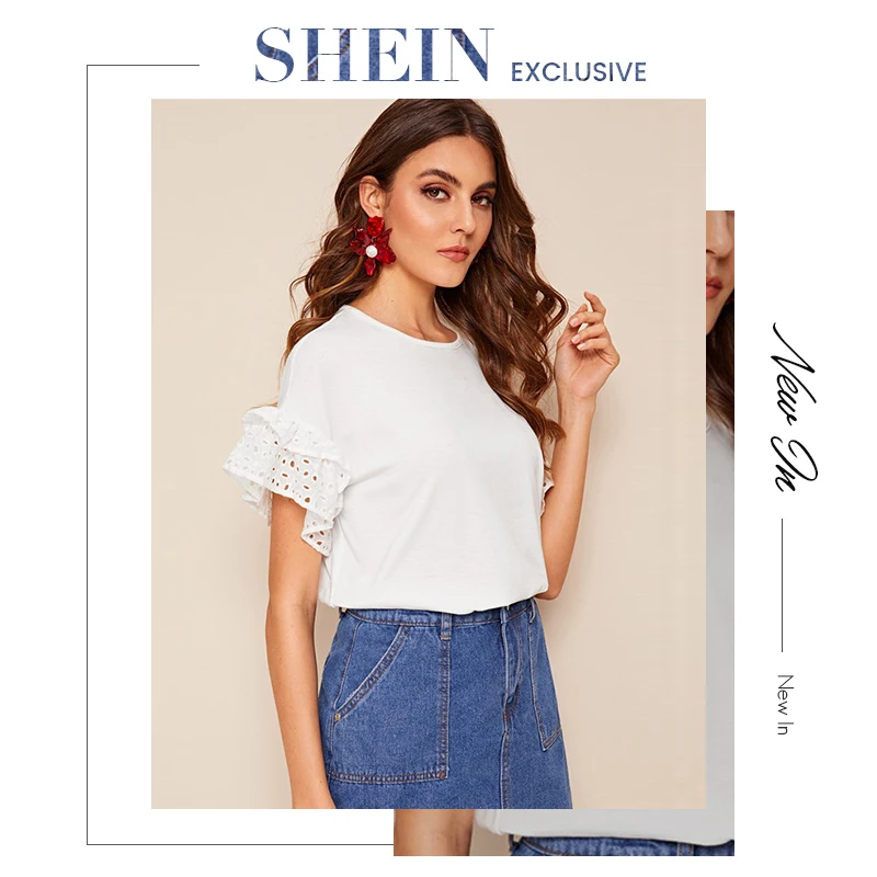 SHEIN Schiffy, футболка с оборкой, женская одежда,, короткий рукав, круглый вырез, белая футболка, рукава с воланом, одноцветные, милые женские топы