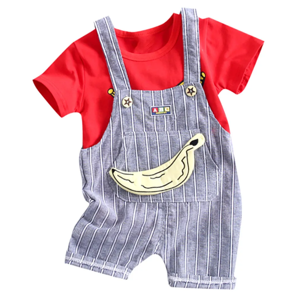 Summer Kids Baby Girl kid boy clothing set Cartton Print Tops T Shirt Overall Striped Pants Outfits Bebek giyim infantil #EW | Детская