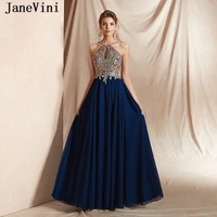 janevini elegant navy blue long chiffon prom dresses 2019 a line halter gold lace appliques beaded backless evening party gowns