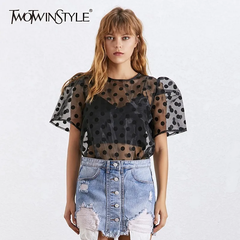 Женская блузка в горошек TWOWINSTYLE летняя с круглым вырезом и коротким рукавом