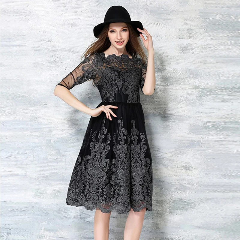 Женская Весна Dress Половина Рукава Черный Красный Mesh Вышивка Sweet Slim Fit Женщины