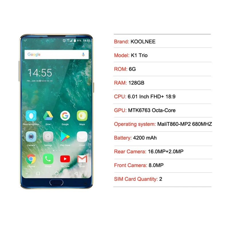 Koolnee K1 трио Android 7.1 глобальных версия смартфона MT6763 Восьмиядерный 6 ГБ Оперативная