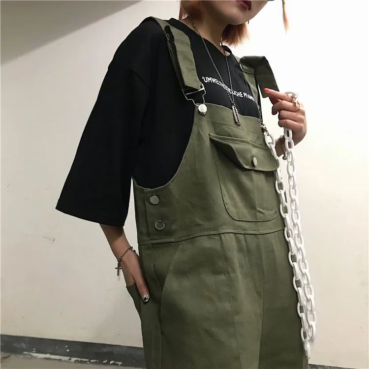 

INS streetwear spring summer korean loose Women's Clothing Couple Harajuku pockets loose straight cargo strap Jumpsuits Unisex