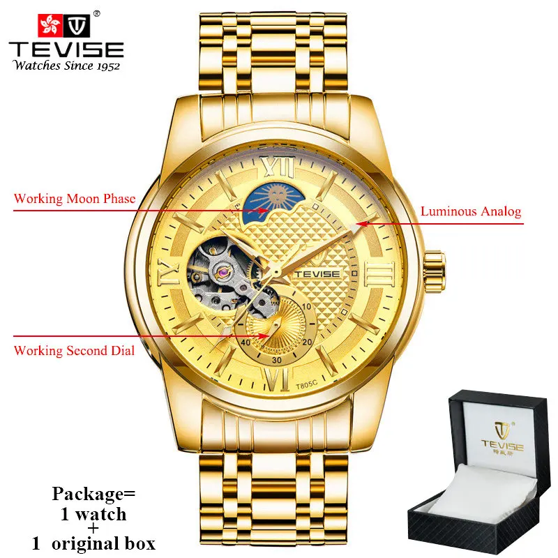 gold with box TEVISE самовзводные автоматические часы для мужчин механические мужские часы с фазой Луны светящиеся руки деловые наручные часы Relogio Masculino - Цвет: gold with box
