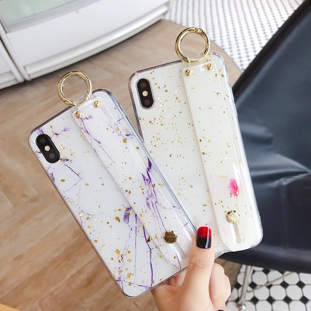 Чехол для iPhone X Xr Xs Max блестящий порошок Мраморная кожа держатель запястья