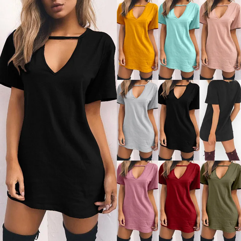Женское цельнокроеное платье с глубоким v образным вырезом и короткими рукавами