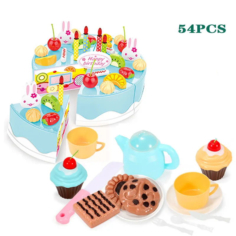 54PCS blue 75 шт. DIY разрезание торта ко дню рождения кухонная игрушечная еда ролевая игра Кухня игрушка розовый синий подарок для девочек для детей - Цвет: 54PCS blue